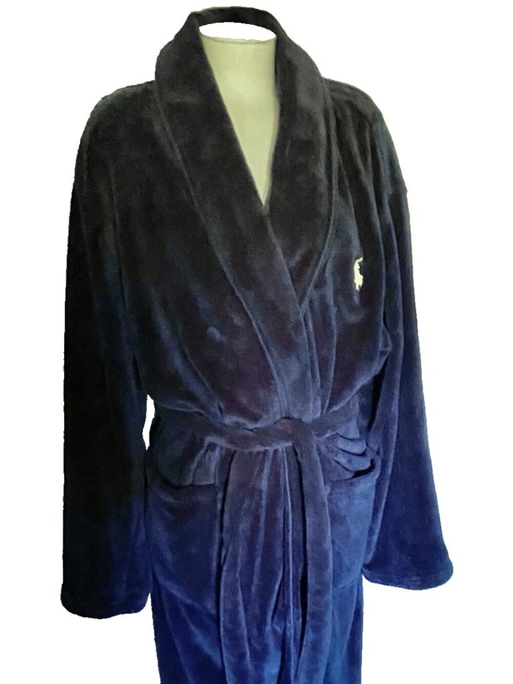 Polo Ralph Lauren Men's Robe~Size Small~100 % Cotton~Navy Blue Velour~Gold Logo